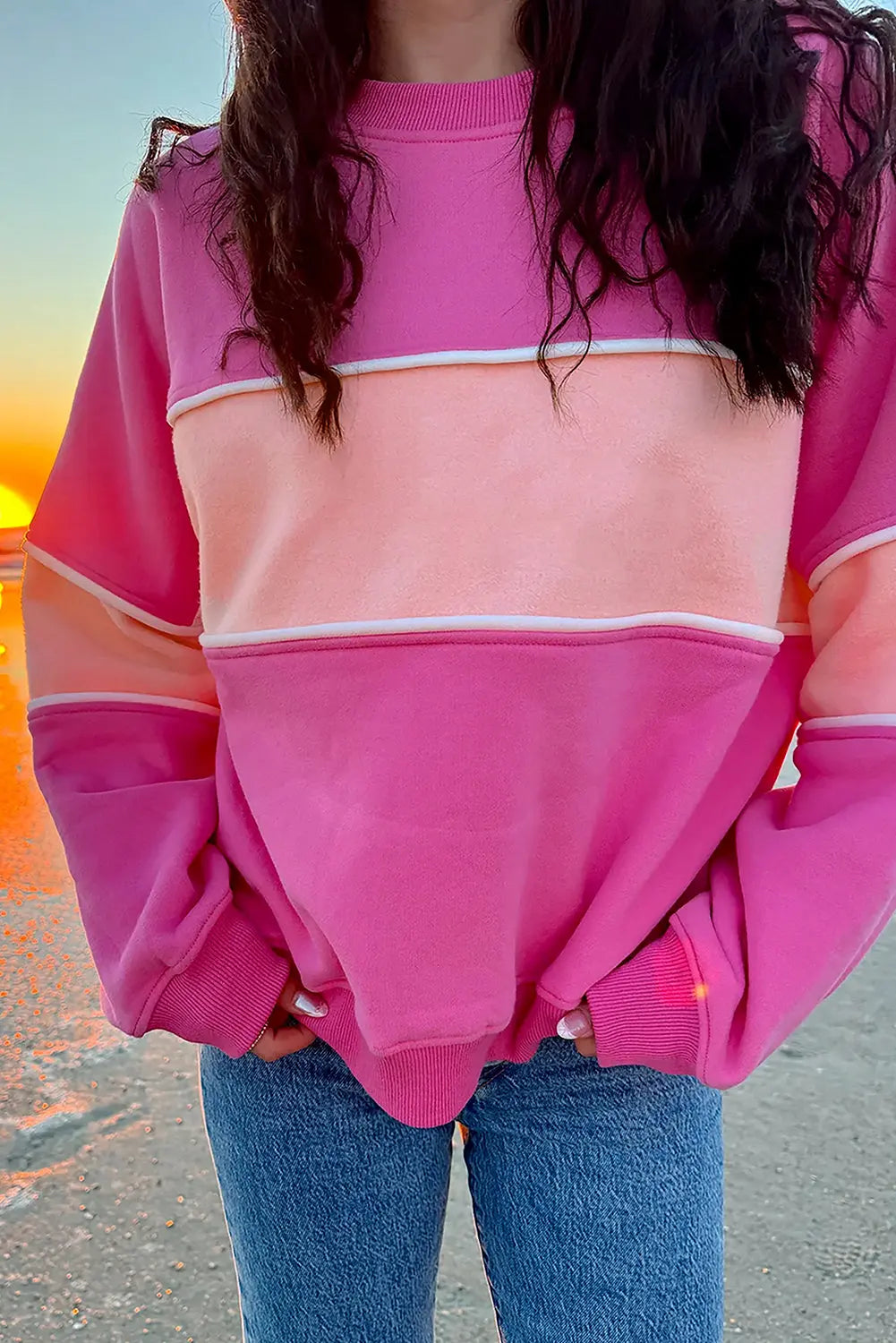Sachet Pink Colourblock Patchwork Drop Shoulder Ribbed Trim Sweatshirt Beagle Boutique Fashion Outlet