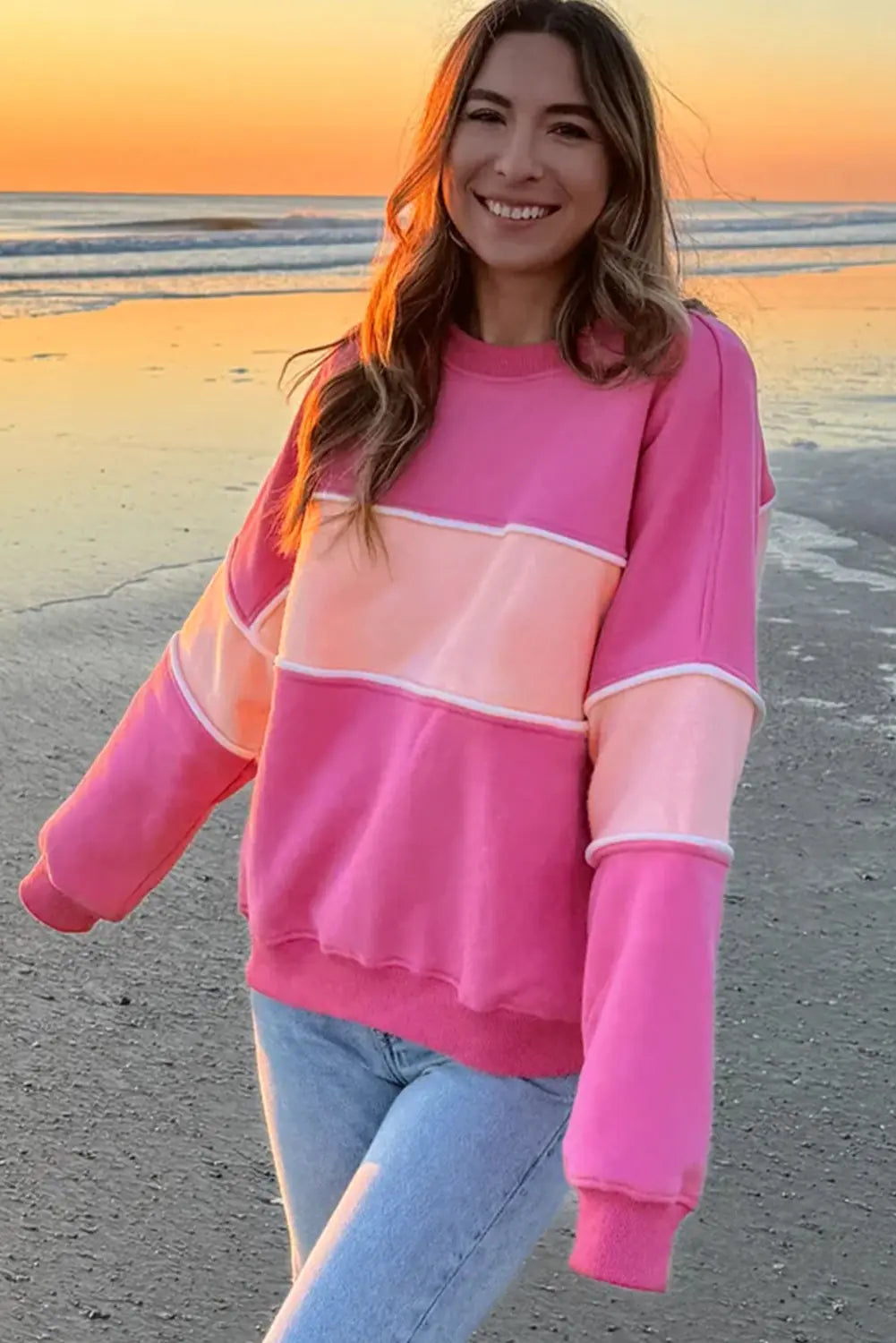 Sachet Pink Colourblock Patchwork Drop Shoulder Ribbed Trim Sweatshirt Beagle Boutique Fashion Outlet