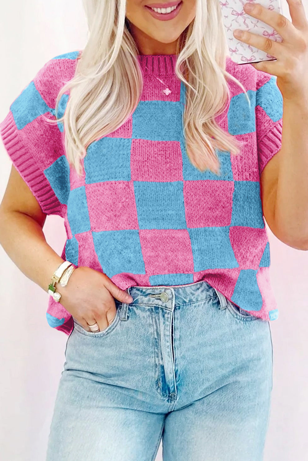 Sachet Pink Colourblock Plaid Pattern Ribbed Trim Sweater Tank Top - SACHET PINK / S / 50% VISCOSE + 28% POLYESTER
