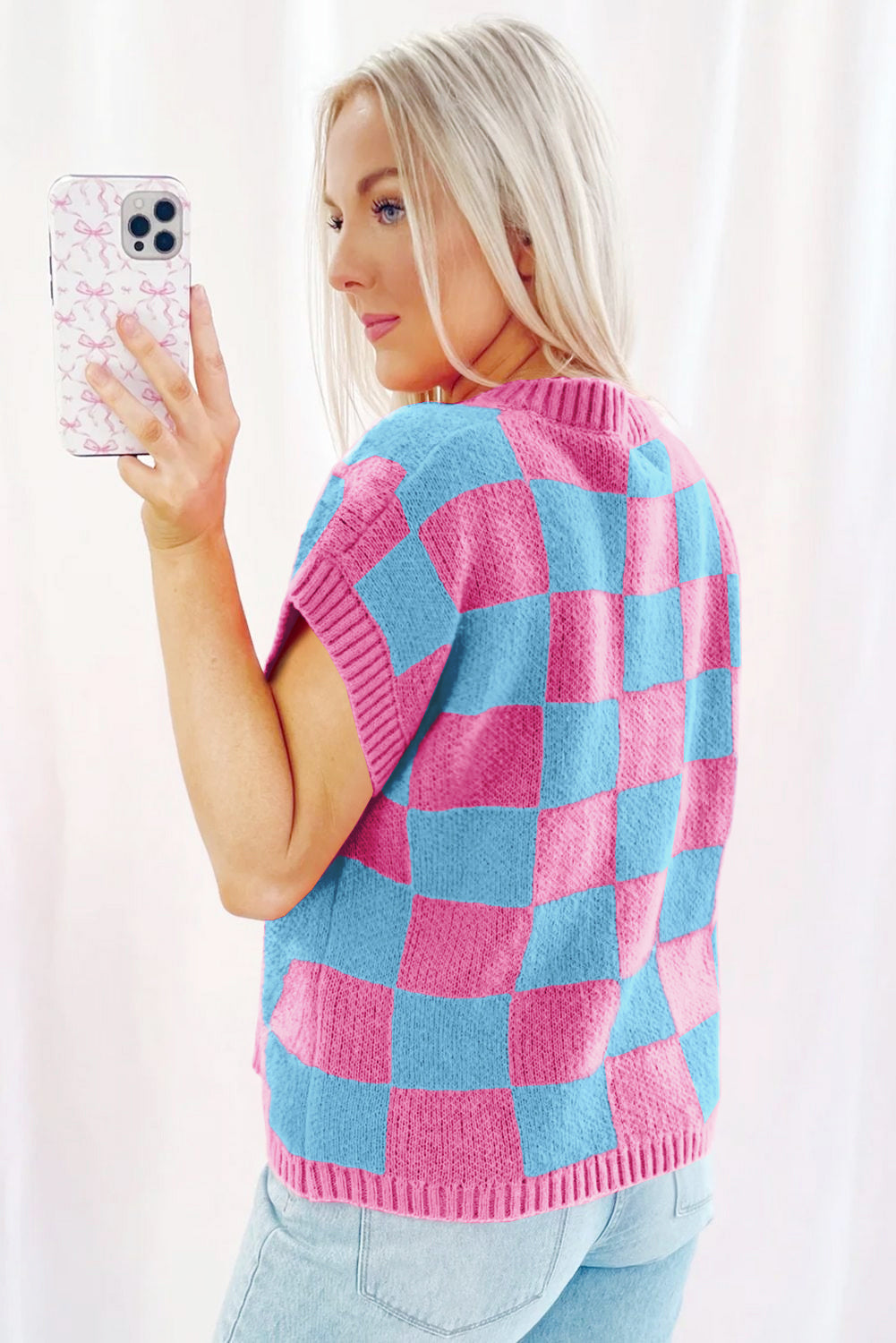 Sachet Pink Colourblock Plaid Pattern Ribbed Trim Sweater Tank Top - eAura