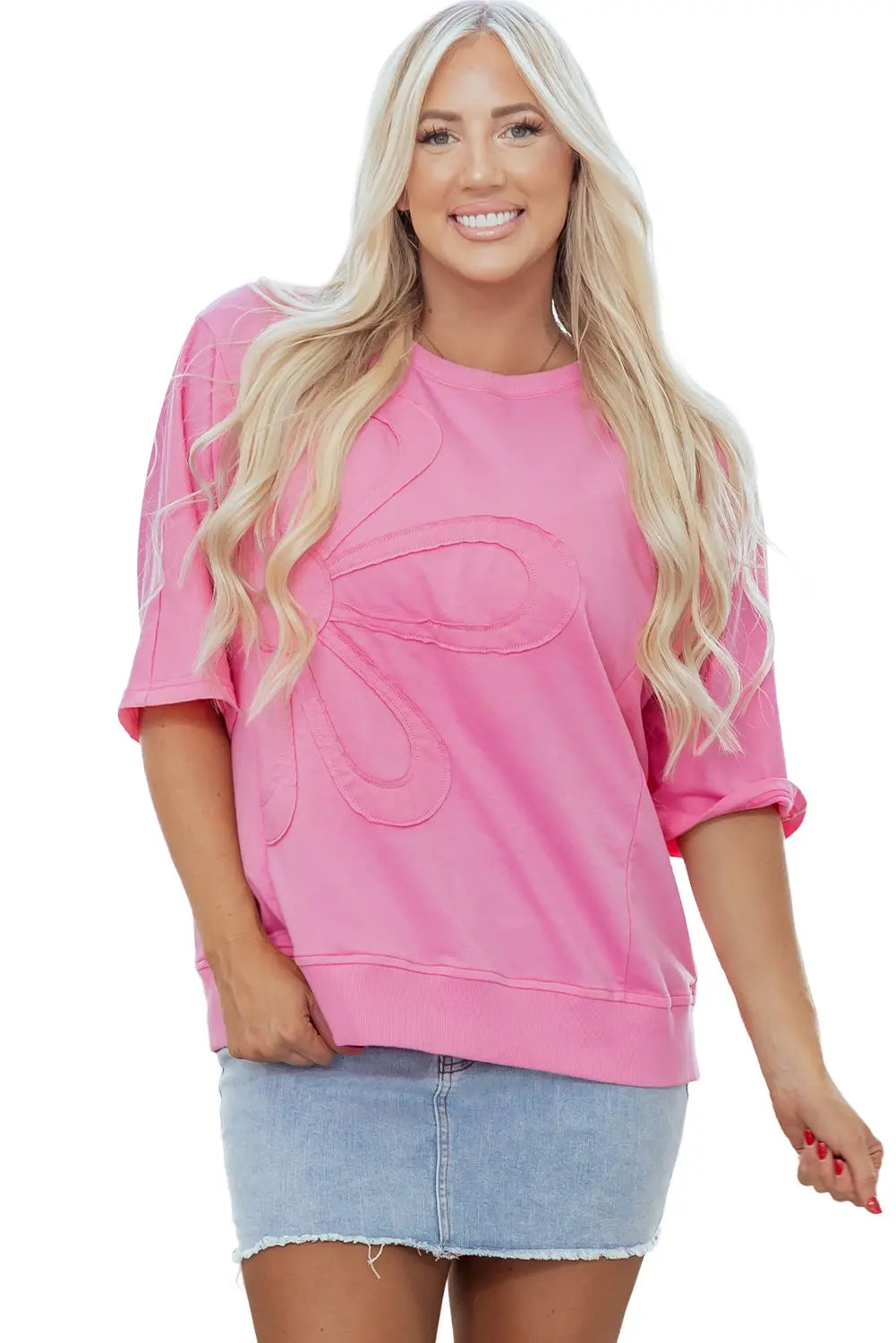 Sachet Pink Floral Patched Half Sleeve Tunic Top - eAura