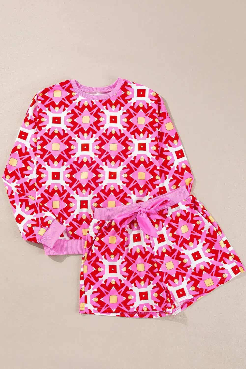 Sachet Pink Geometric Print Long Sleeve Top and Drawstring Shorts Set eAura