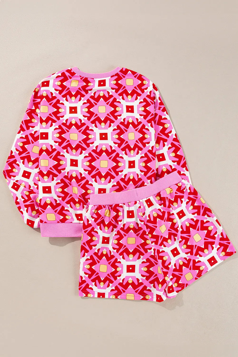 Sachet Pink Geometric Print Long Sleeve Top and Drawstring Shorts Set eAura