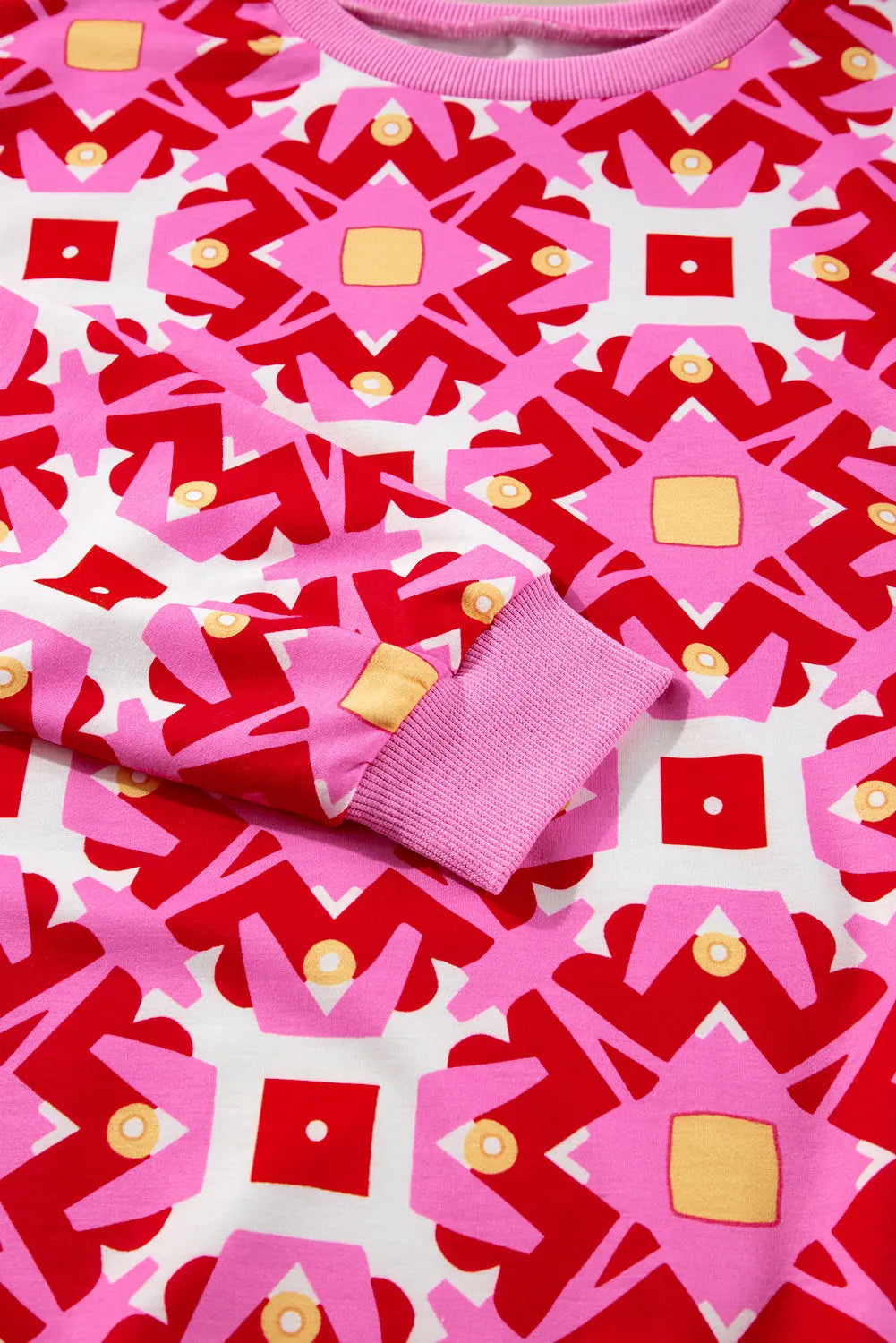 Sachet Pink Geometric Print Long Sleeve Top and Drawstring Shorts Set eAura