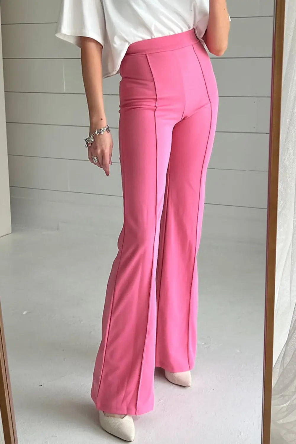 Sachet Pink High Waist Central Seam Flared Trousers Beagle Boutique Fashion Outlet