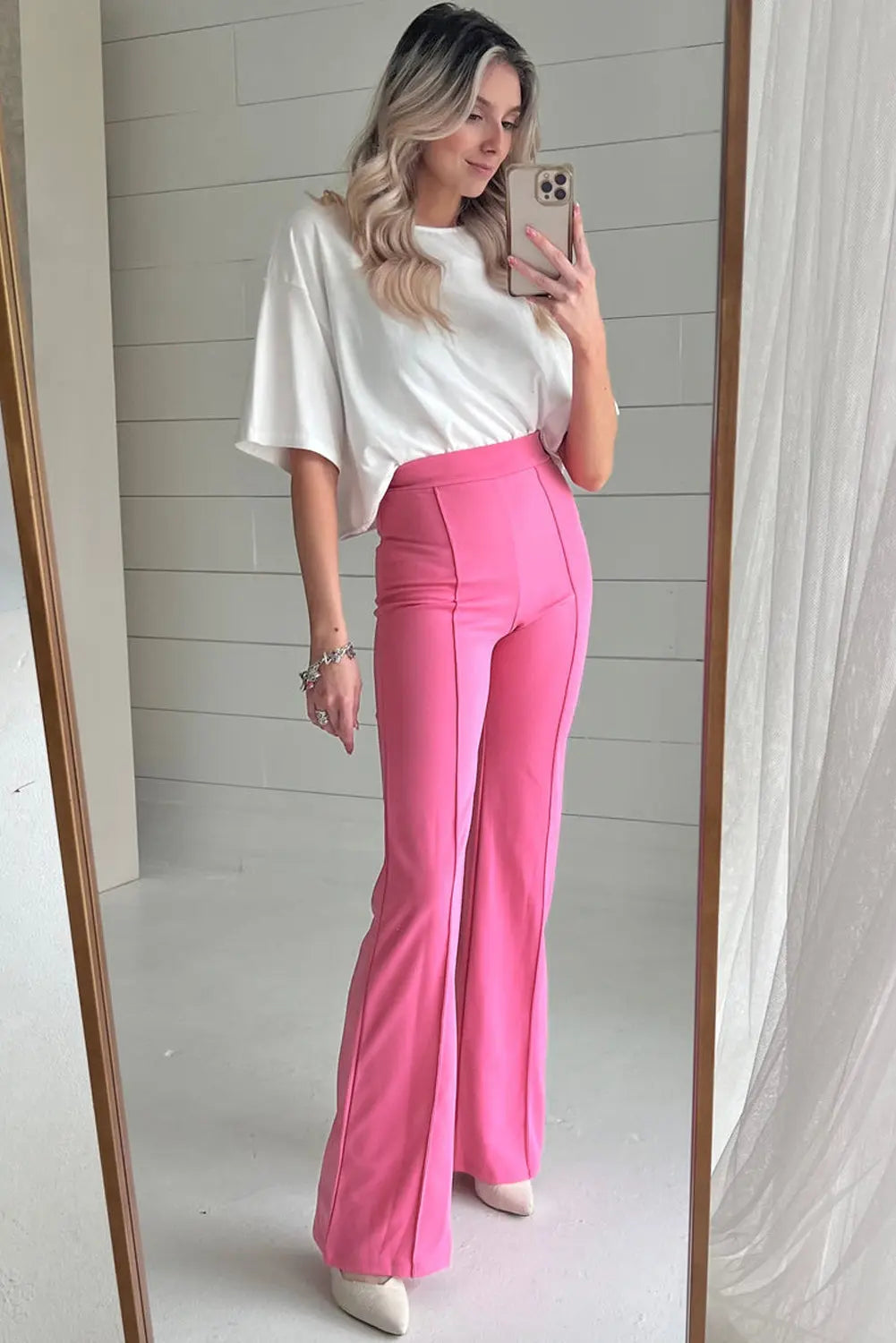 Sachet Pink High Waist Central Seam Flared Trousers Beagle Boutique Fashion Outlet
