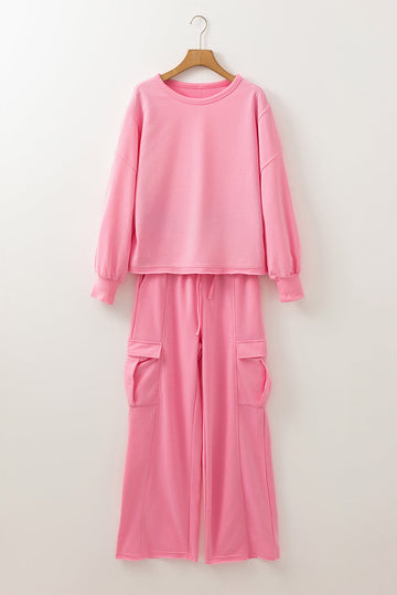 Sachet Pink Solid Colour Patchwork Pullover Top and Cargo Trousers Set - SACHET PINK / S / 65% POLYESTER + 35% COTTON