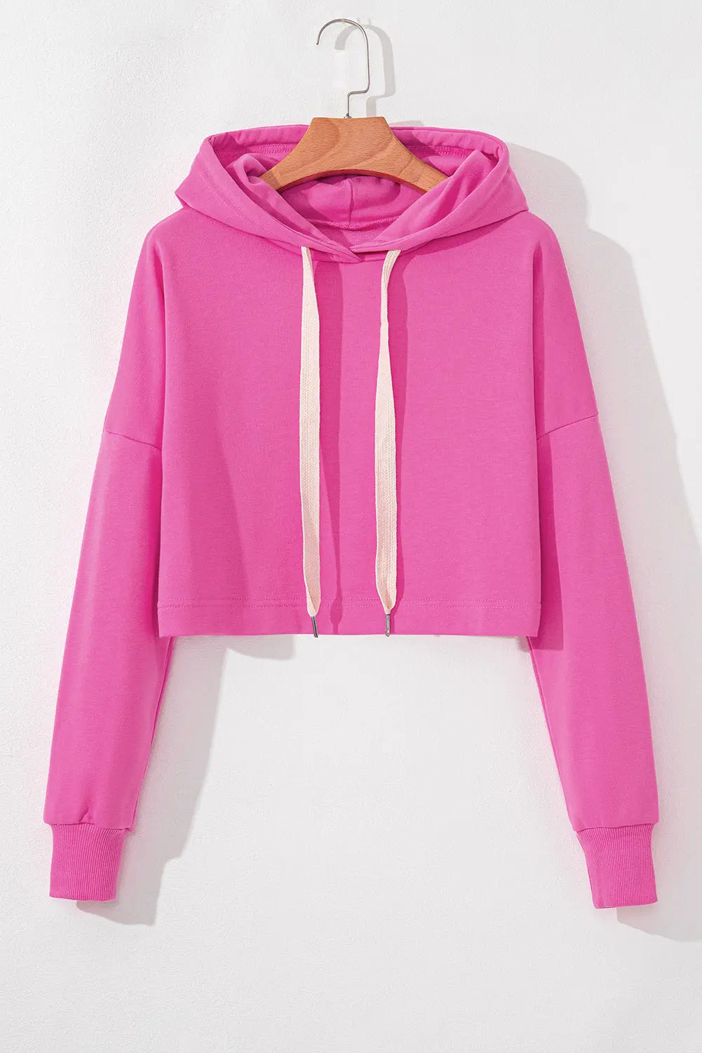 Sachet Pink Solid Drop Shoulder Drawstring Cropped Hoodie - eAura