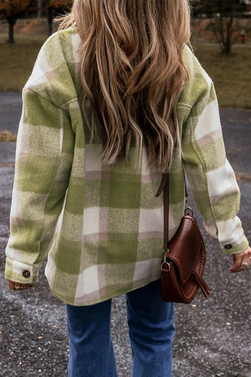 Sage Green Plaid Print Buttoned Flap Pockets Baggy Shacket eAura