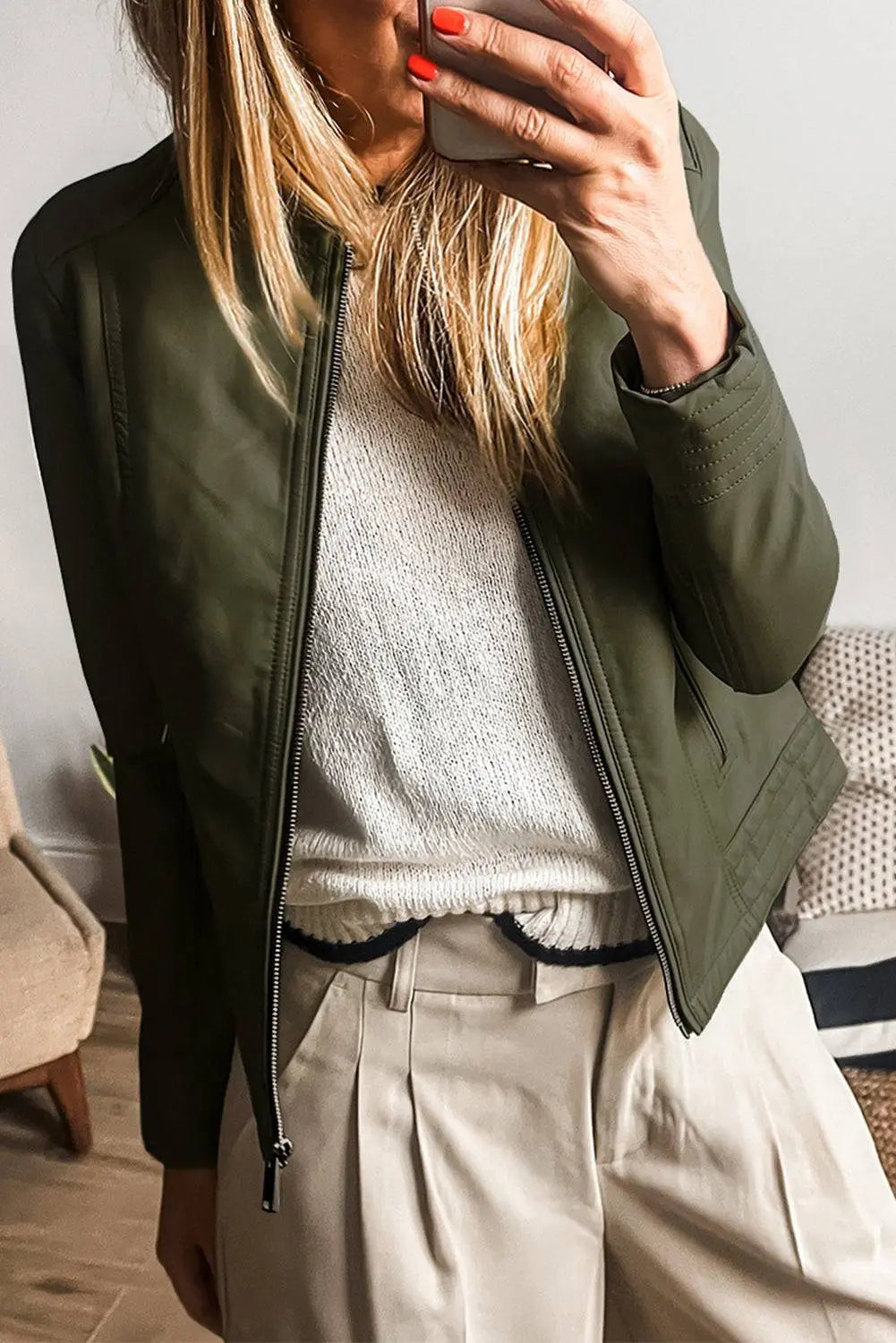 Sage Green Solid Faux Leather Zipper Slim Fit Bomber Jacket - BB Fashion Outlet