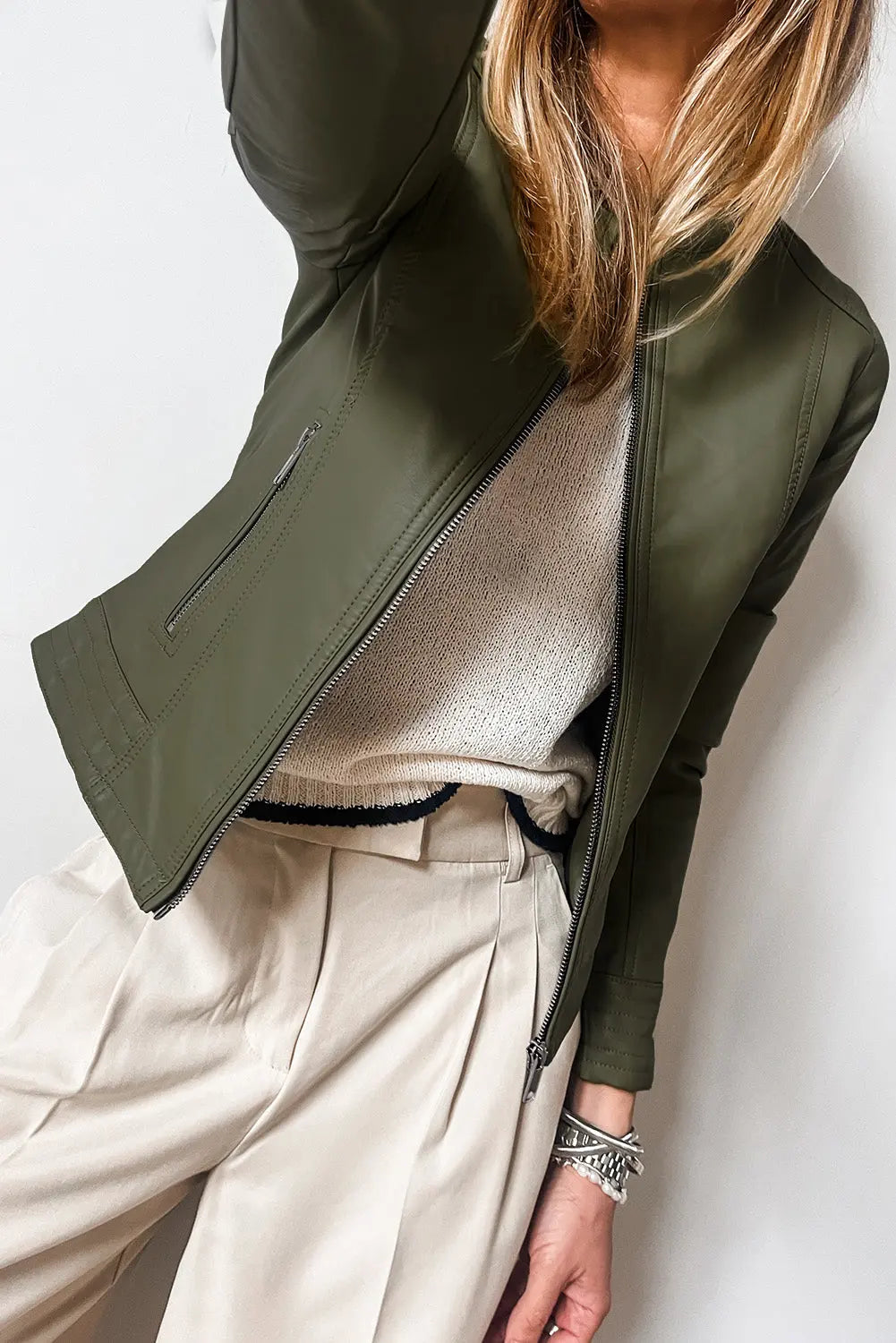 Sage Green Solid Faux Leather Zipper Slim Fit Bomber Jacket - BB Fashion Outlet