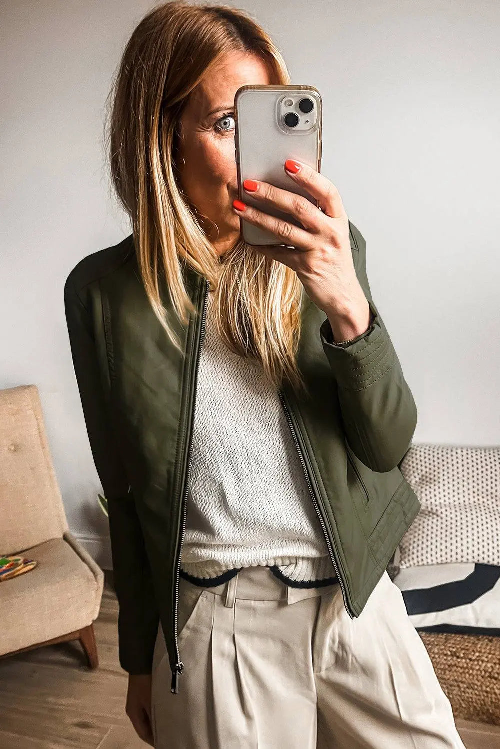Sage Green Solid Faux Leather Zipper Slim Fit Bomber Jacket - BB Fashion Outlet