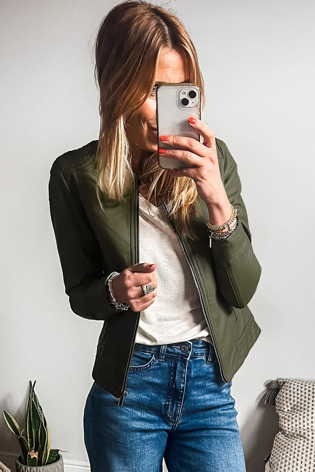 Sage Green Solid Faux Leather Zipper Slim Fit Bomber Jacket - BB Fashion Outlet