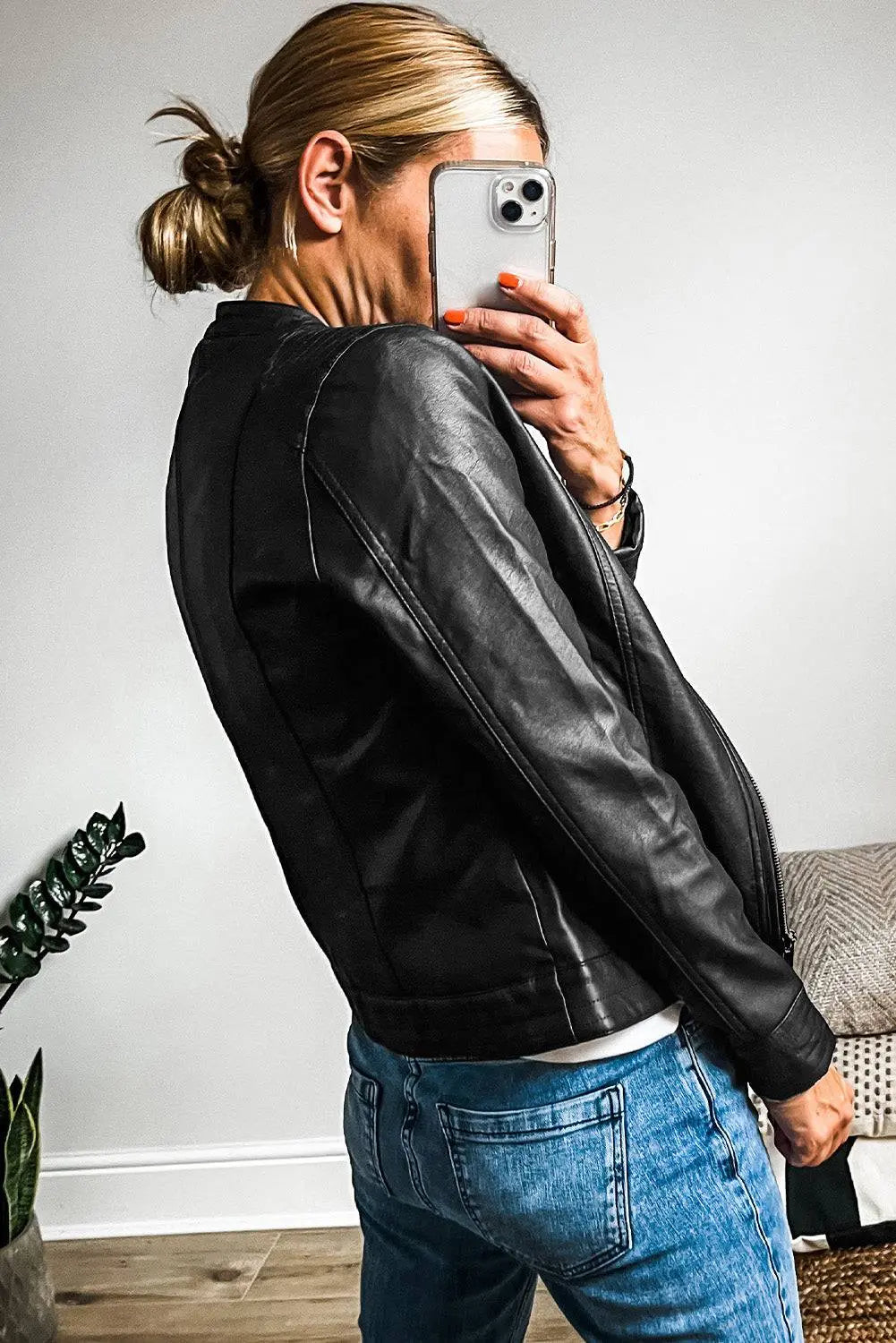 Sage Green Solid Faux Leather Zipper Slim Fit Bomber Jacket - BB Fashion Outlet