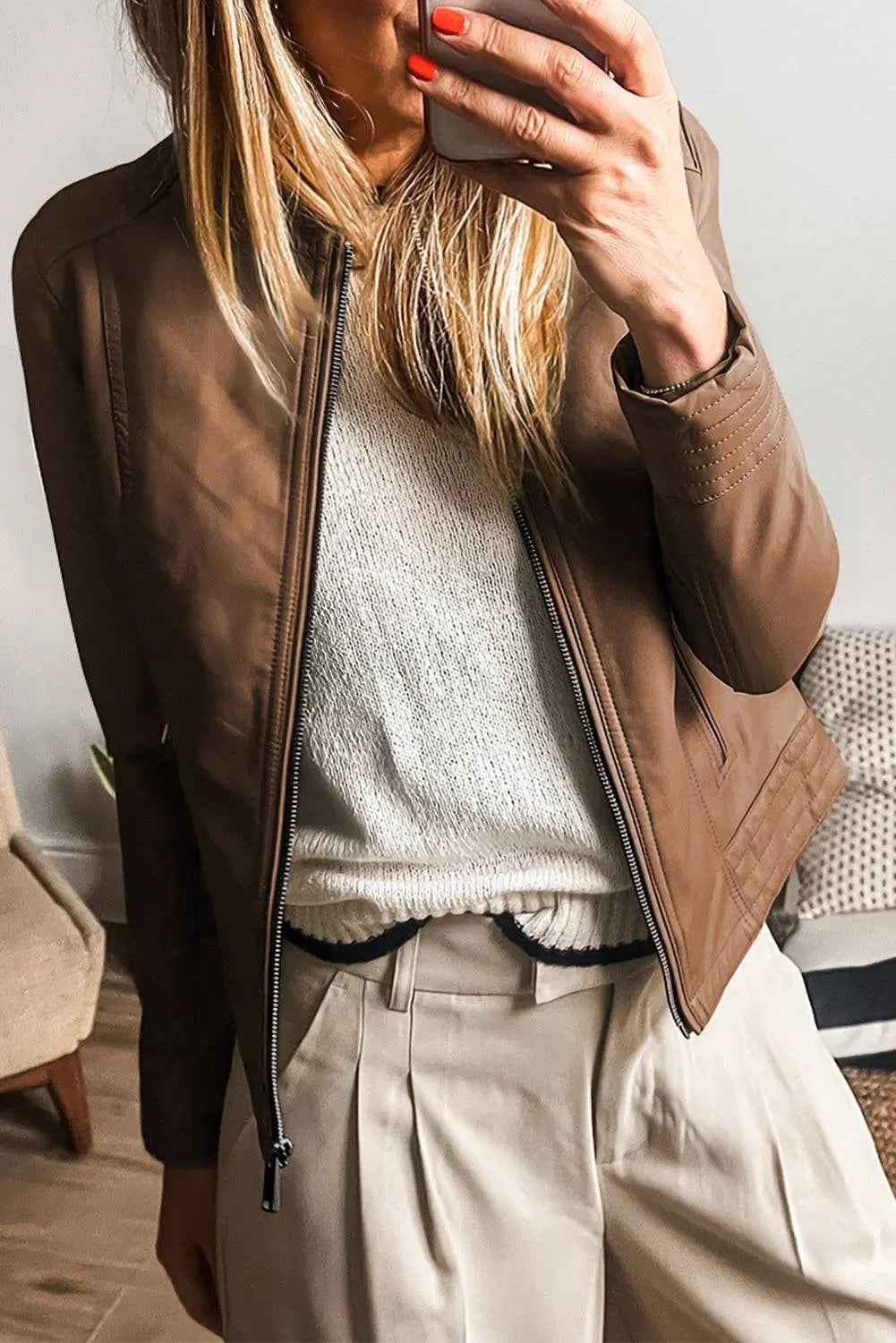 Sage Green Solid Faux Leather Zipper Slim Fit Bomber Jacket - BB Fashion Outlet