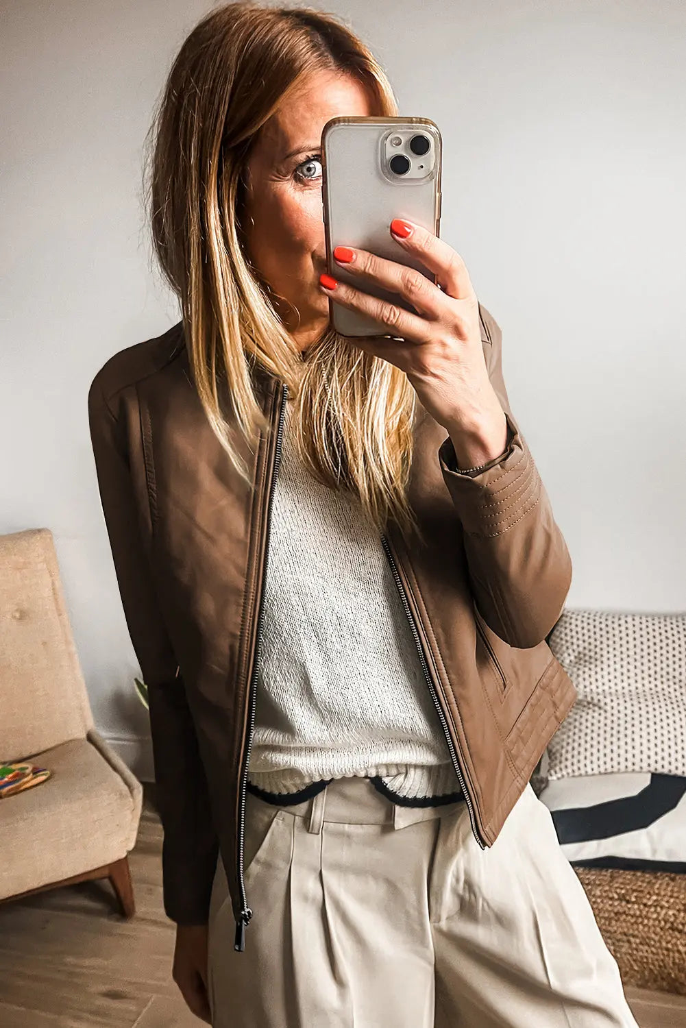 Sage Green Solid Faux Leather Zipper Slim Fit Bomber Jacket - BB Fashion Outlet