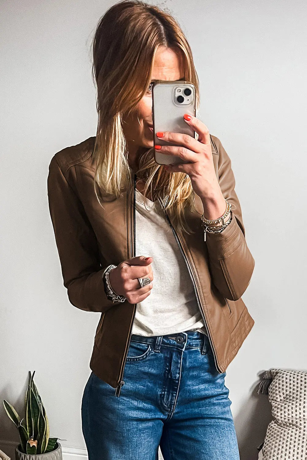 Sage Green Solid Faux Leather Zipper Slim Fit Bomber Jacket - BB Fashion Outlet