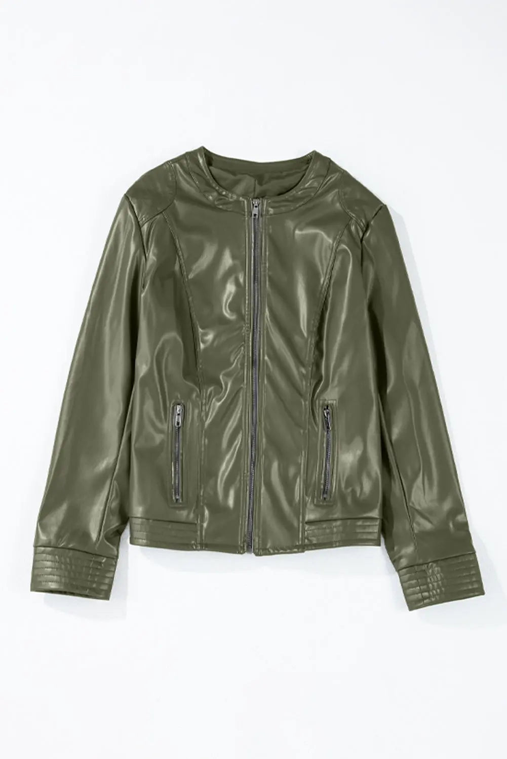 Sage Green Solid Faux Leather Zipper Slim Fit Bomber Jacket - BB Fashion Outlet