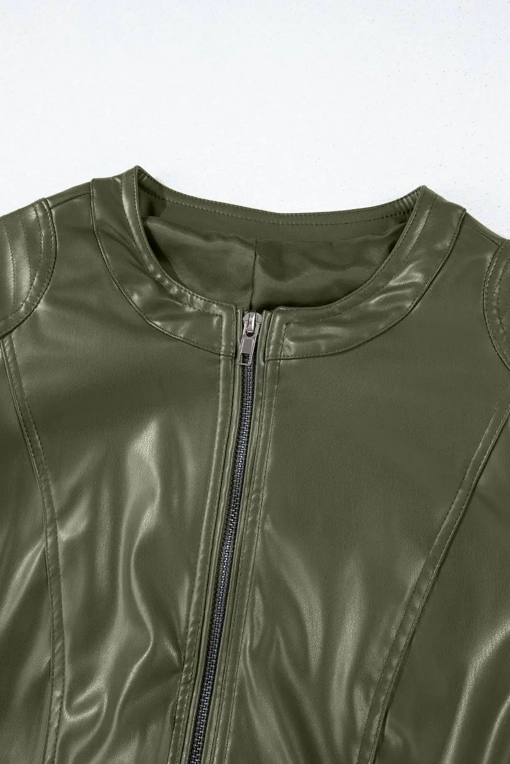 Sage Green Solid Faux Leather Zipper Slim Fit Bomber Jacket - BB Fashion Outlet