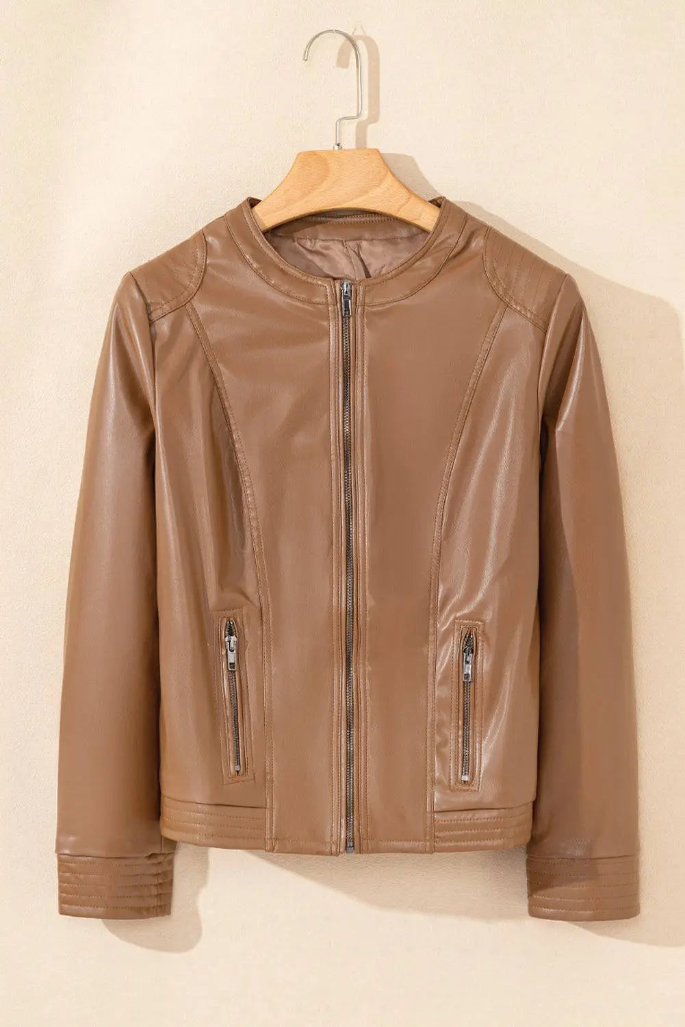 Sage Green Solid Faux Leather Zipper Slim Fit Bomber Jacket - BB Fashion Outlet
