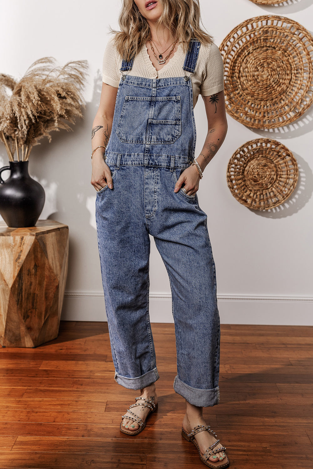 Sail Blue Denim Bib Straight Leg Jumpsuit with Pockets - eAura