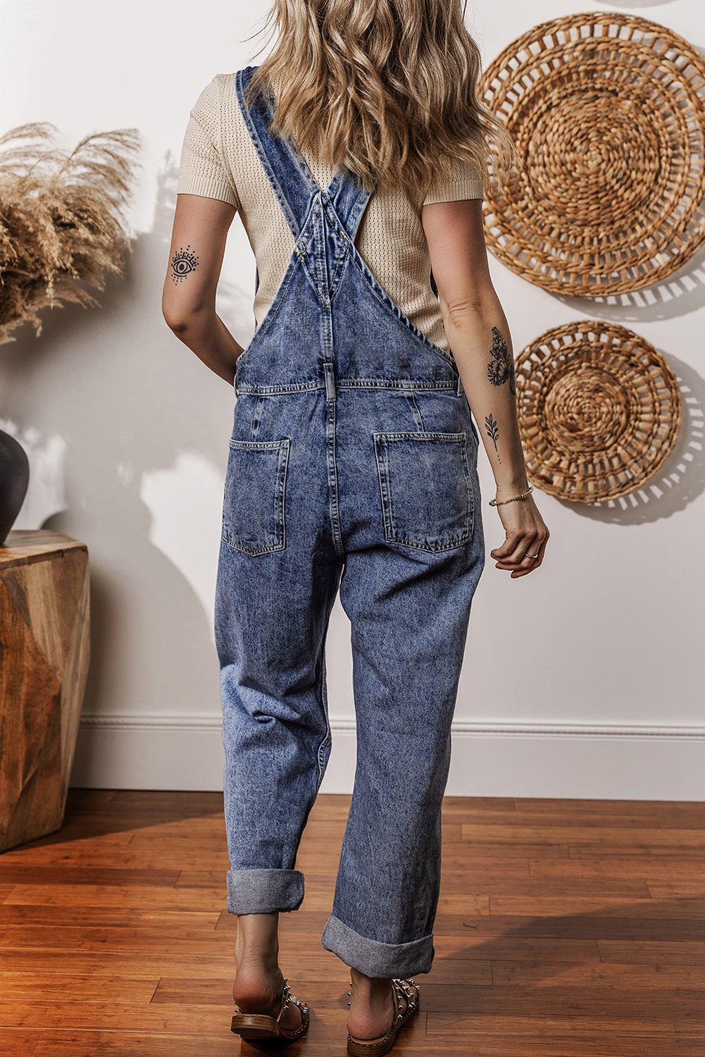 Sail Blue Denim Bib Straight Leg Jumpsuit with Pockets - eAura