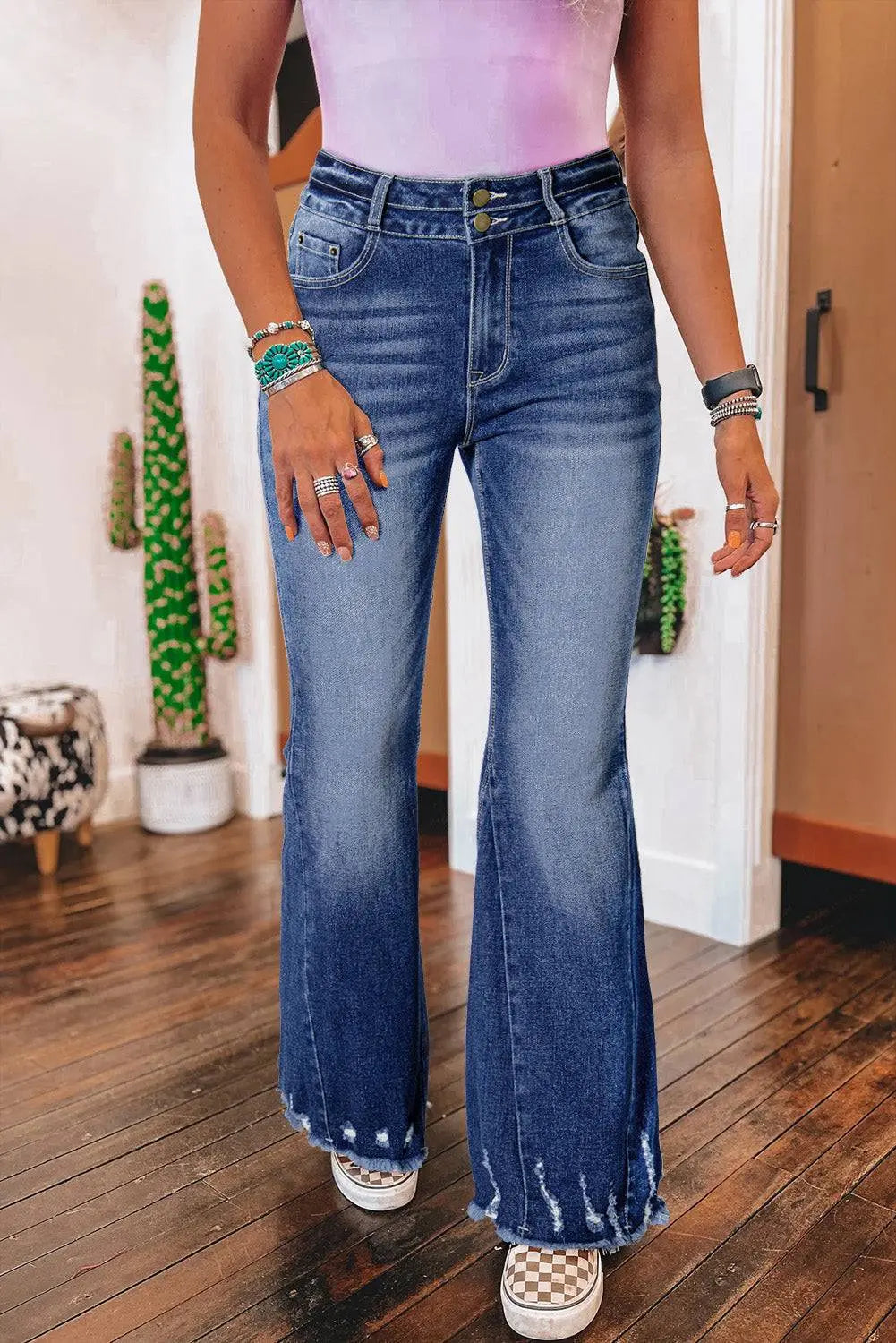 Sail Blue High Rise Dual Button Distressed Raw Hem Flared Jeans - BB Fashion Outlet