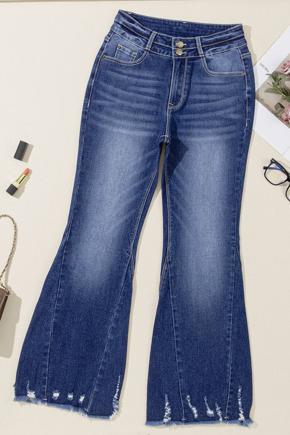 Sail Blue High Rise Dual Button Distressed Raw Hem Flared Jeans - BB Fashion Outlet