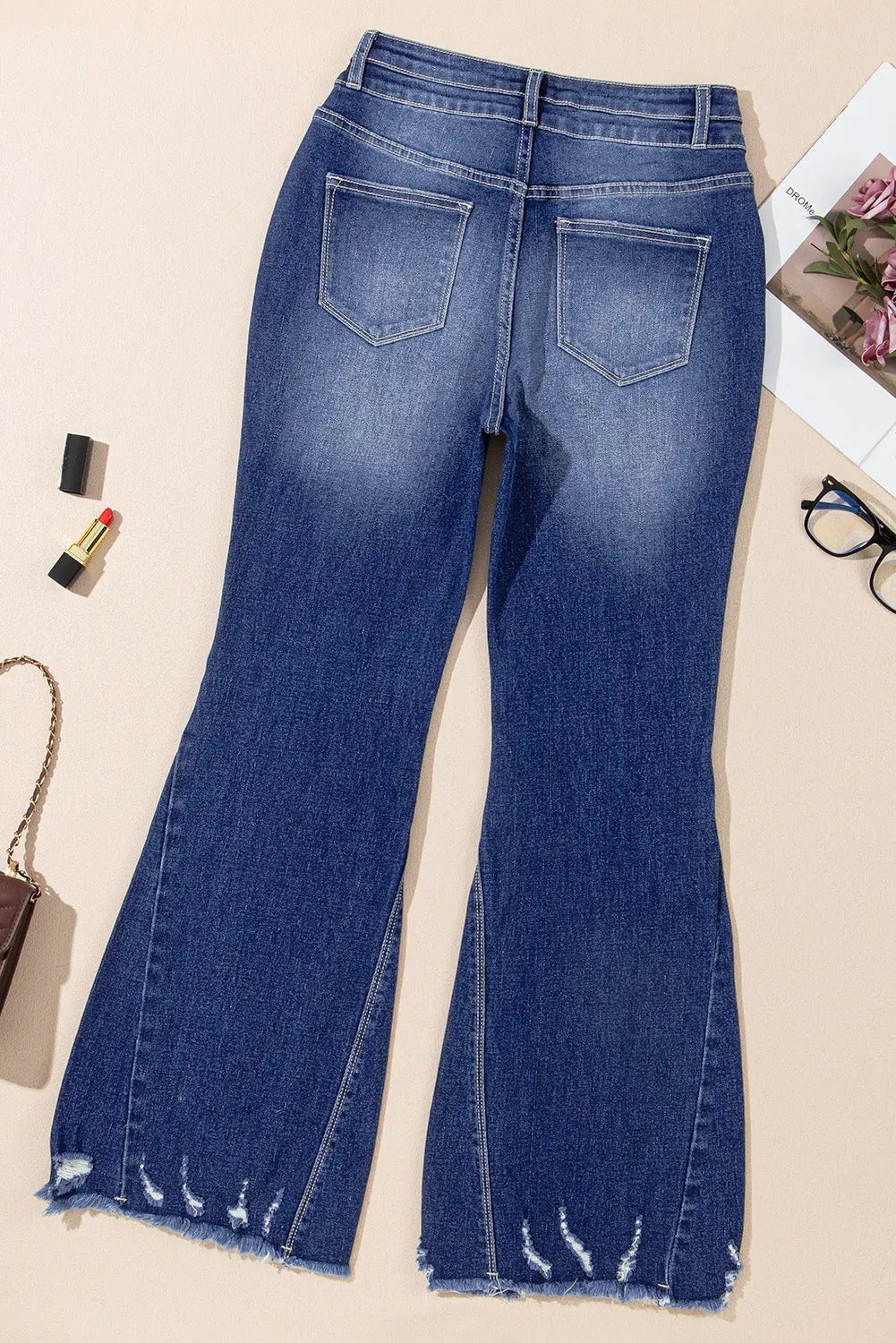 Sail Blue High Rise Dual Button Distressed Raw Hem Flared Jeans - BB Fashion Outlet