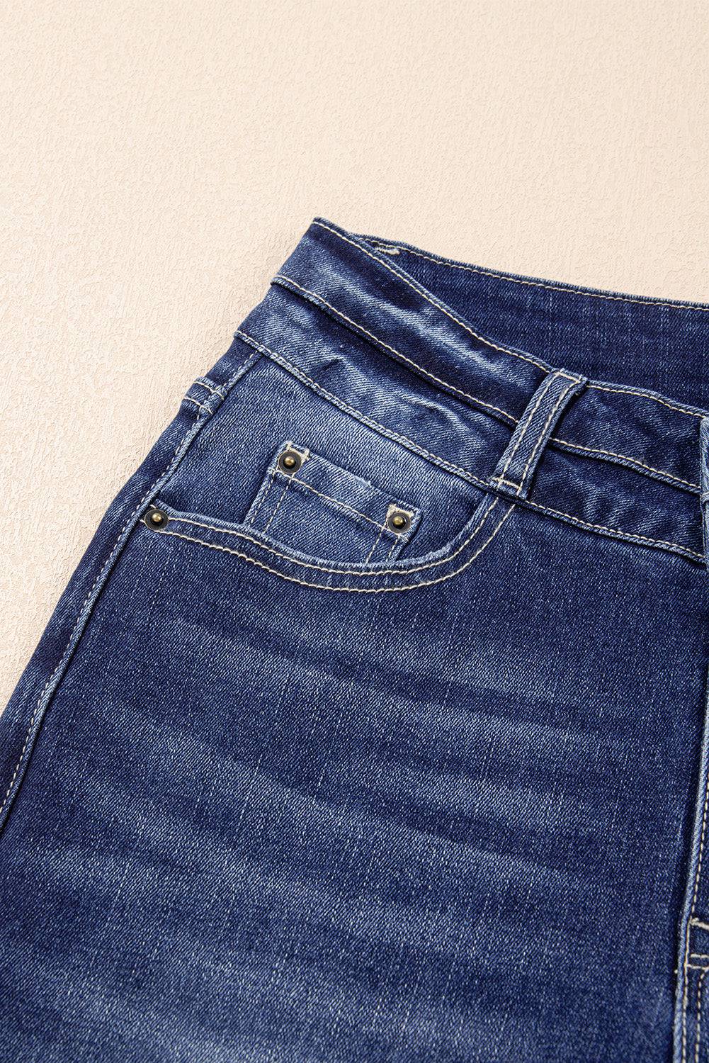 Sail Blue High Rise Dual Button Distressed Raw Hem Flared Jeans - BB Fashion Outlet