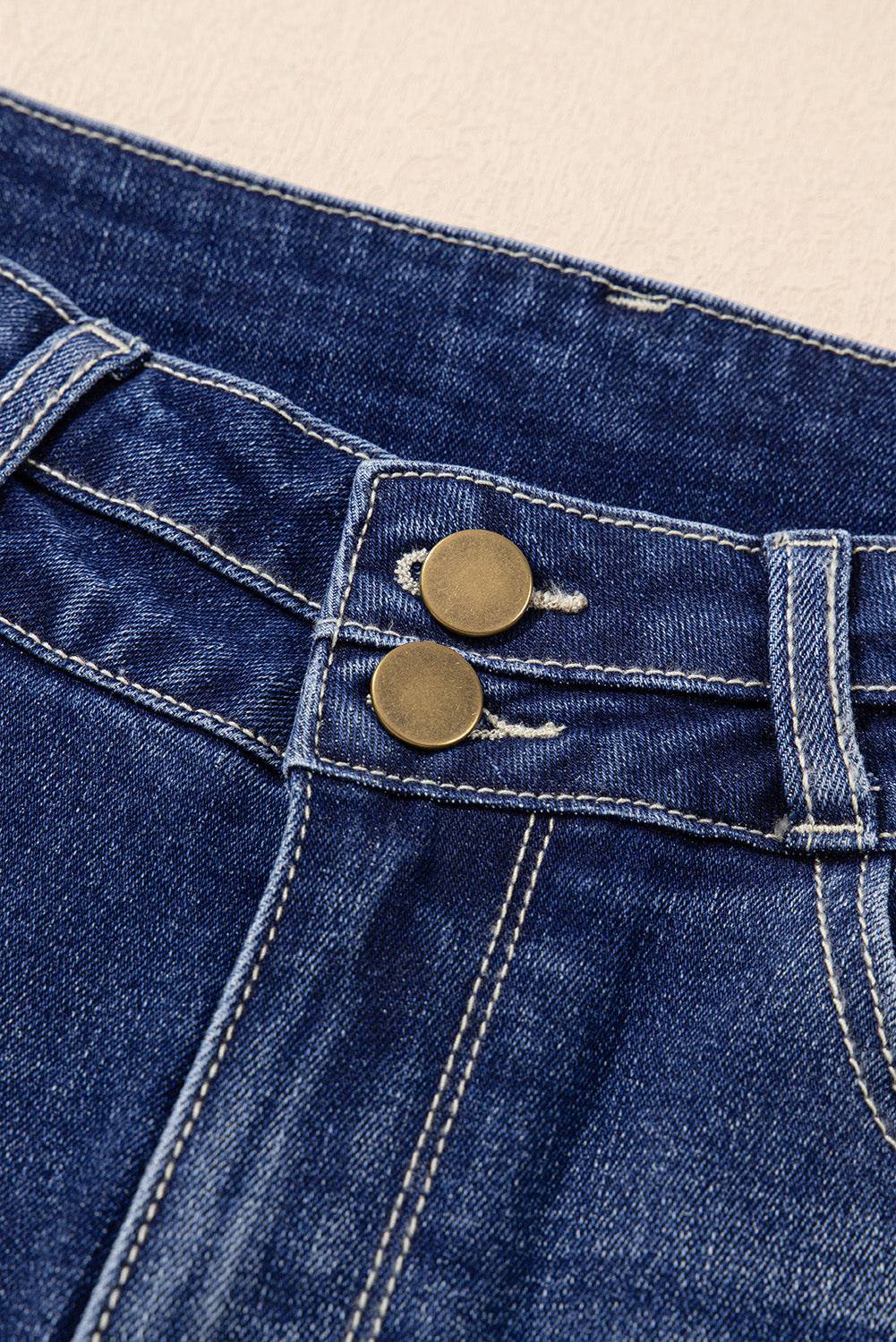 Sail Blue High Rise Dual Button Distressed Raw Hem Flared Jeans - BB Fashion Outlet