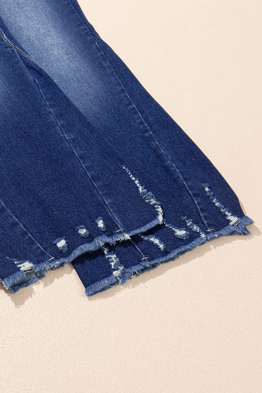 Sail Blue High Rise Dual Button Distressed Raw Hem Flared Jeans - BB Fashion Outlet