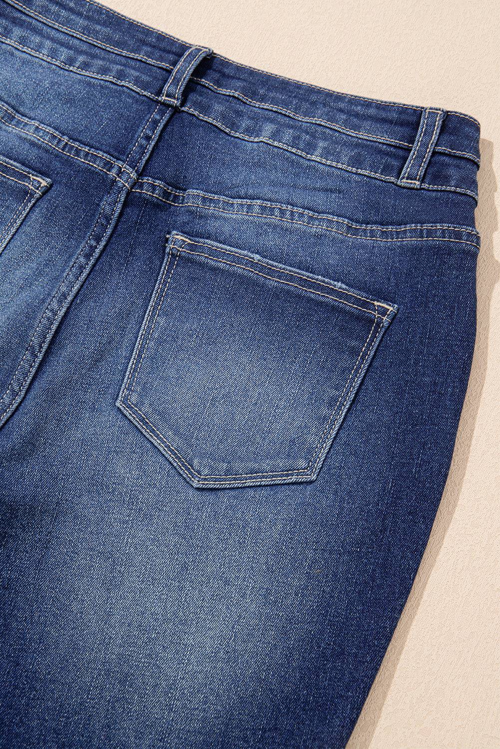 Sail Blue High Rise Dual Button Distressed Raw Hem Flared Jeans - BB Fashion Outlet
