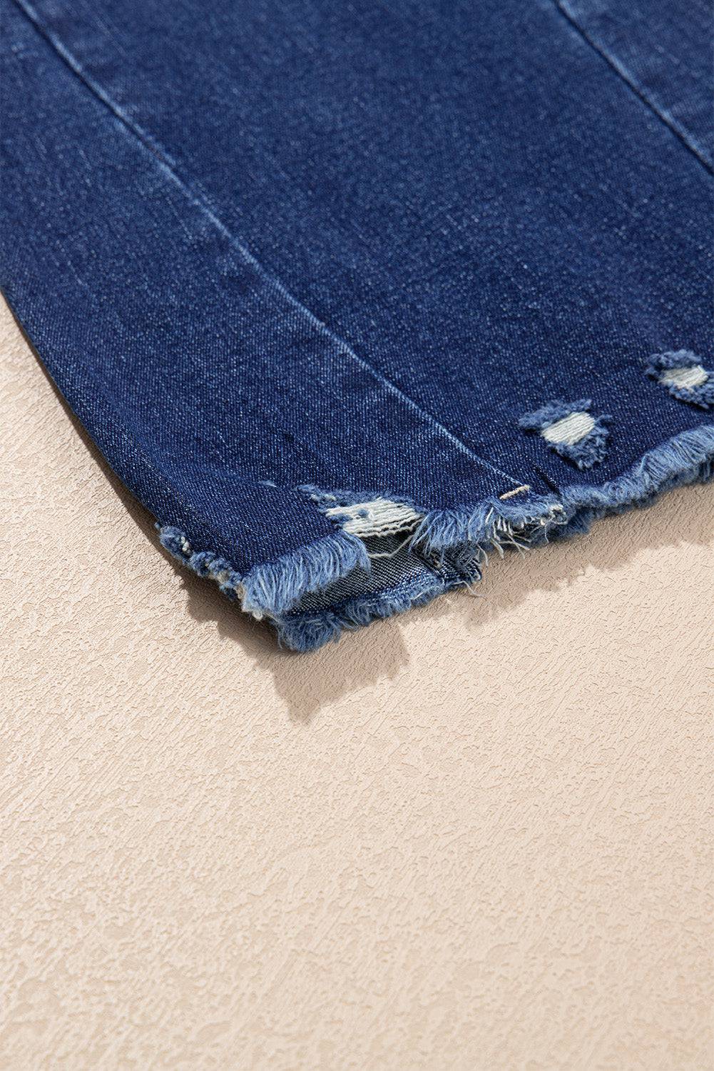 Sail Blue High Rise Dual Button Distressed Raw Hem Flared Jeans - BB Fashion Outlet