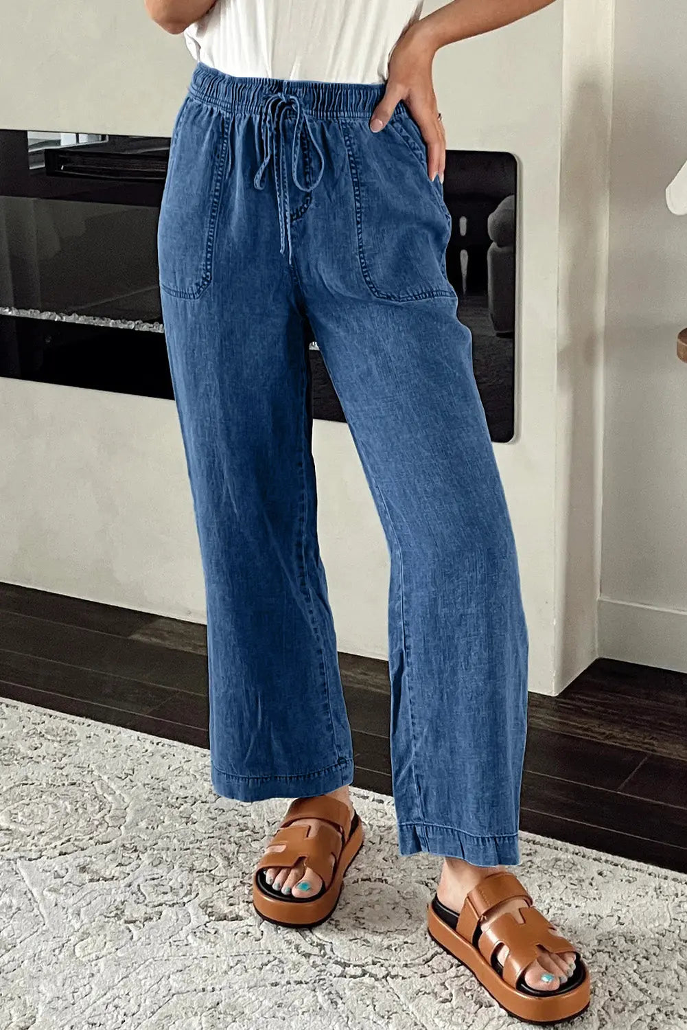 Sail Blue Mineral Wash Drawstring Waist Loose Straight Denim Trousers eAura