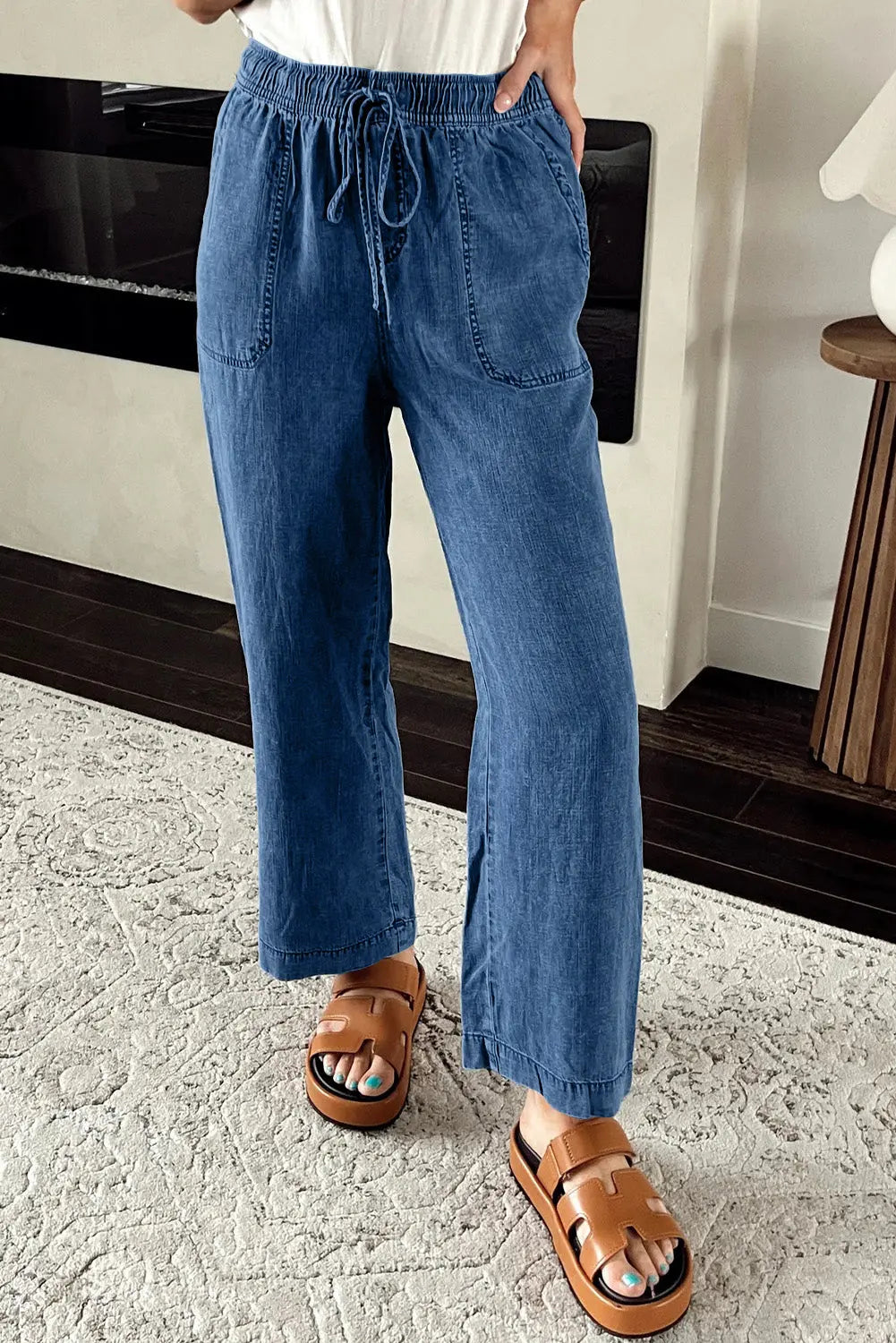 Sail Blue Mineral Wash Drawstring Waist Loose Straight Denim Trousers eAura