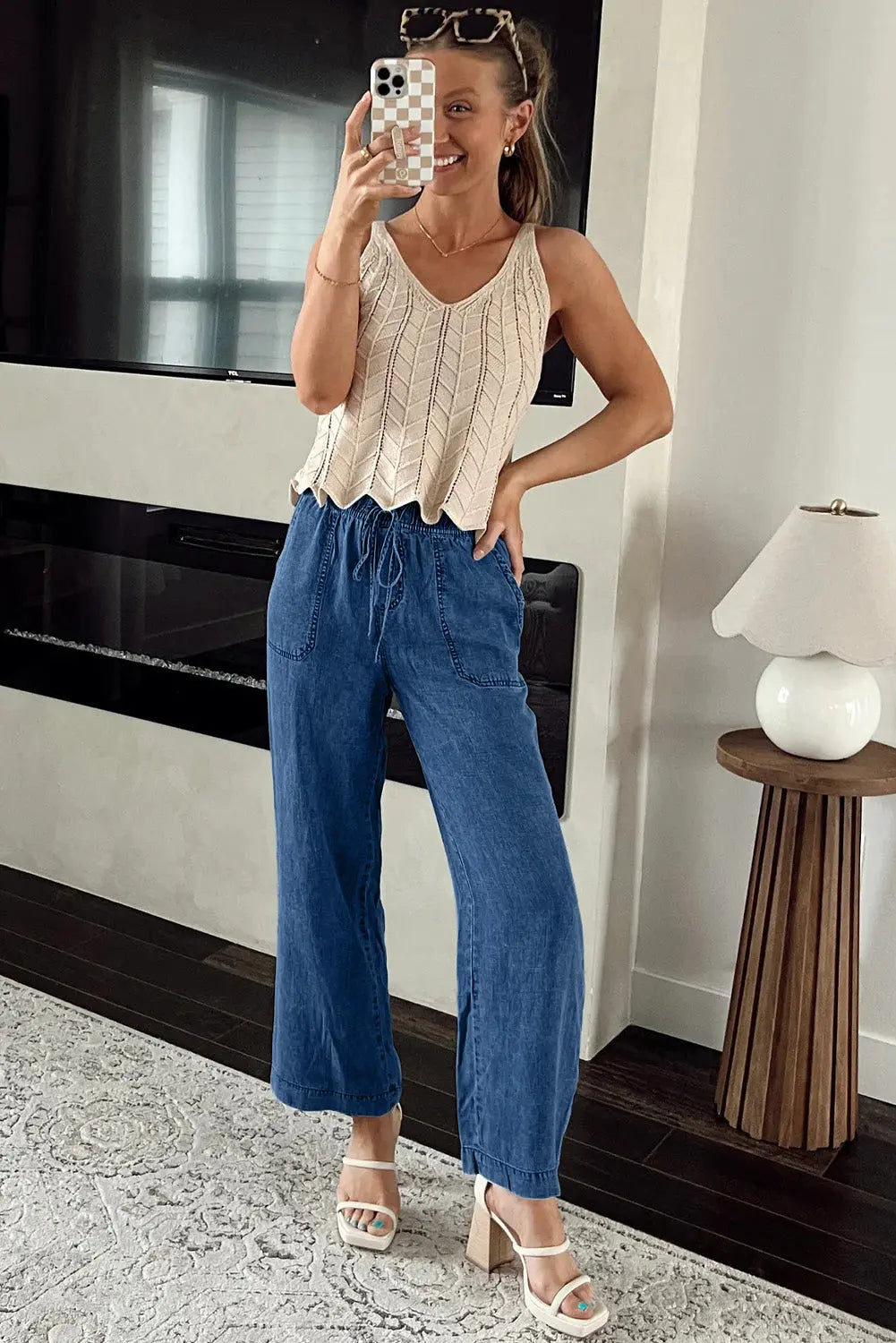 Sail Blue Mineral Wash Drawstring Waist Loose Straight Denim Trousers eAura