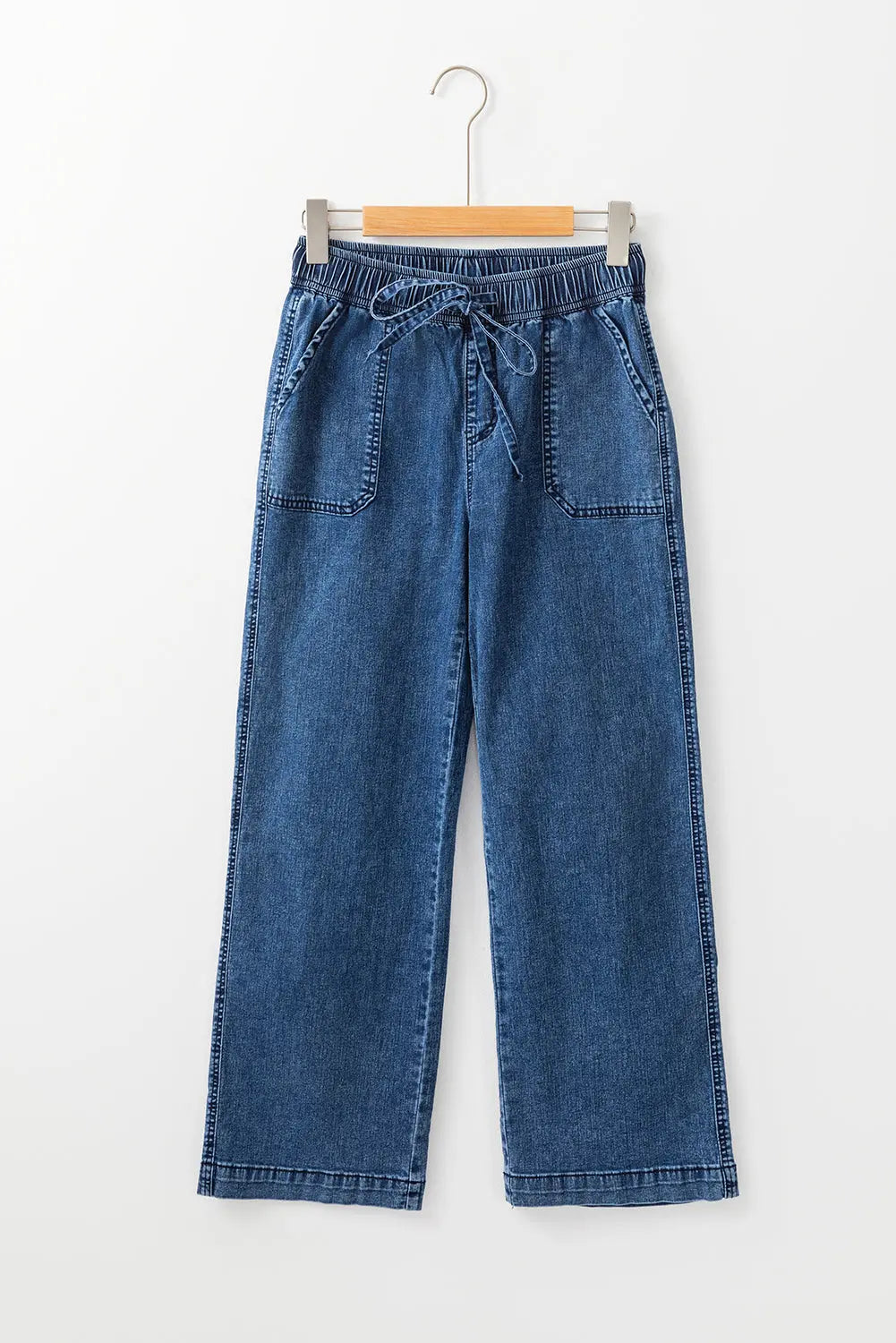 Sail Blue Mineral Wash Drawstring Waist Loose Straight Denim Trousers eAura