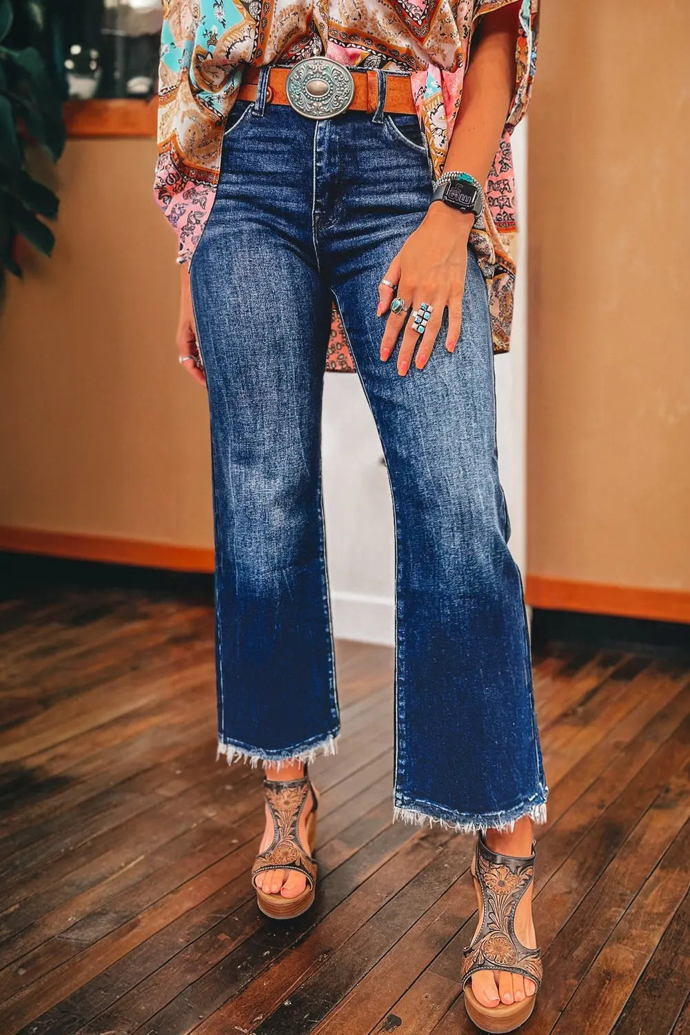 Sail Blue Mineral Wash Raw Hem High Waist Flared Jeans eAura