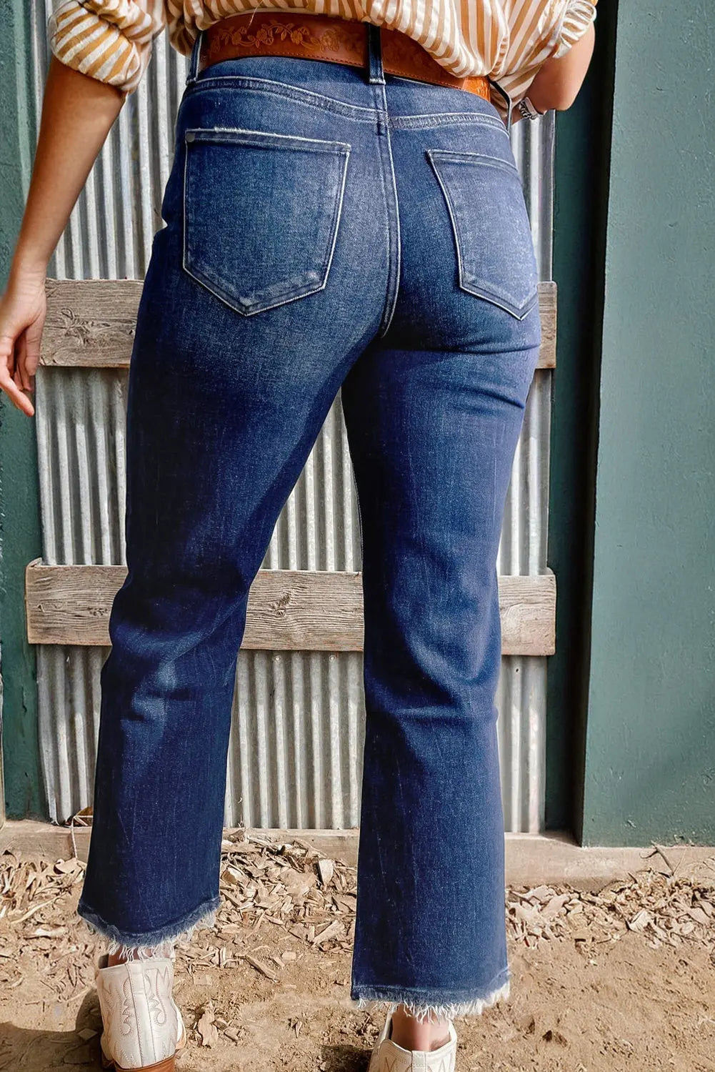 Sail Blue Mineral Wash Raw Hem High Waist Flared Jeans eAura