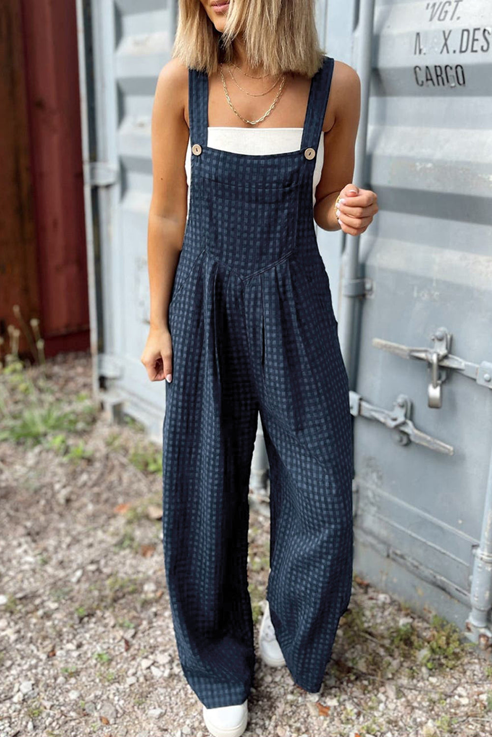 Sail Blue Plaid Print Buttoned Pocketed High Waist Overall - eAura