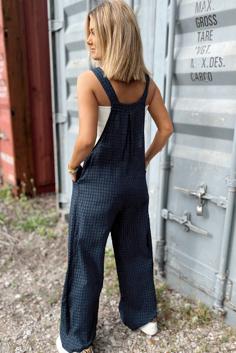 Sail Blue Plaid Print Buttoned Pocketed High Waist Overall - eAura