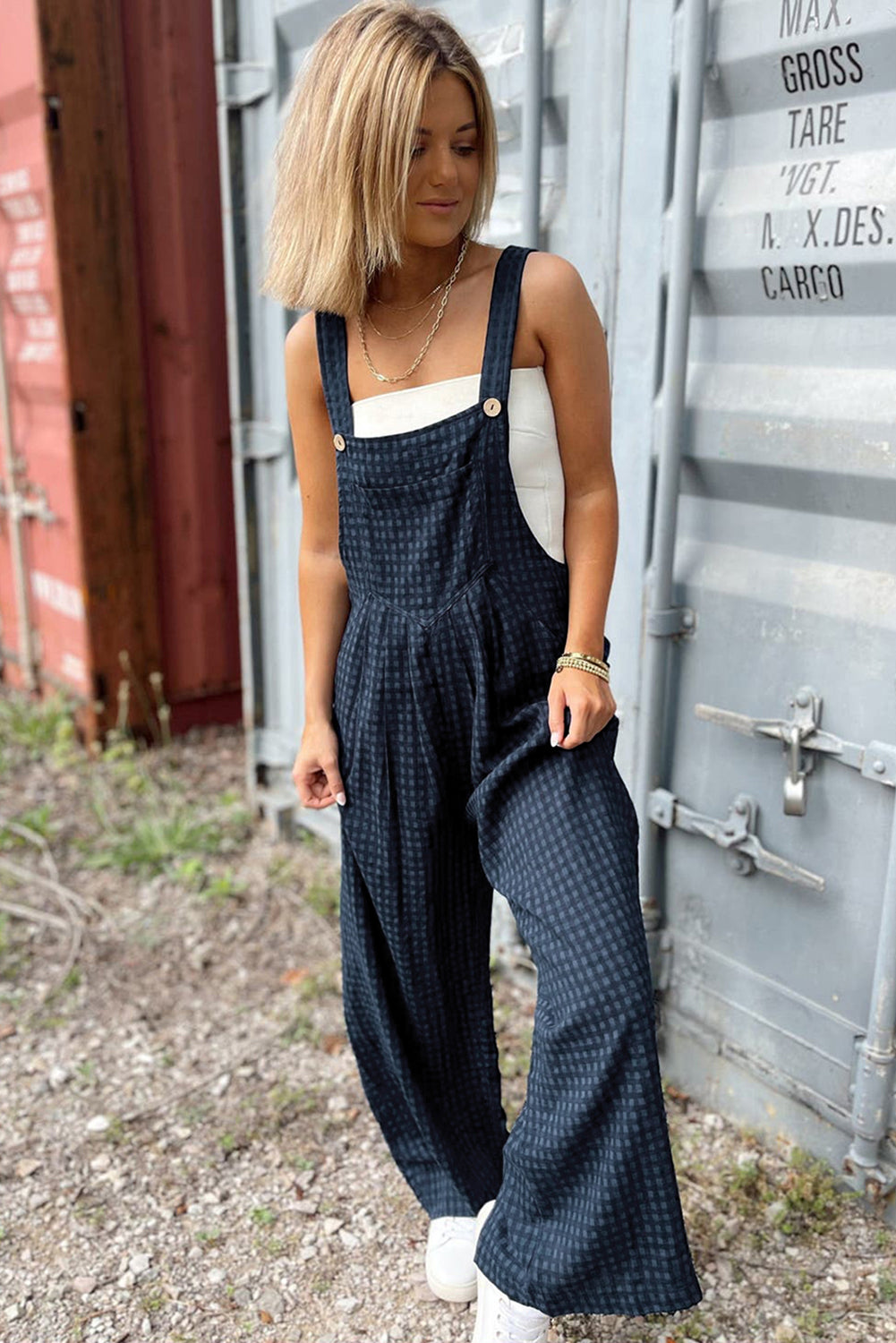 Sail Blue Plaid Print Buttoned Pocketed High Waist Overall - Bottoms/Jumpsuits & Rompers