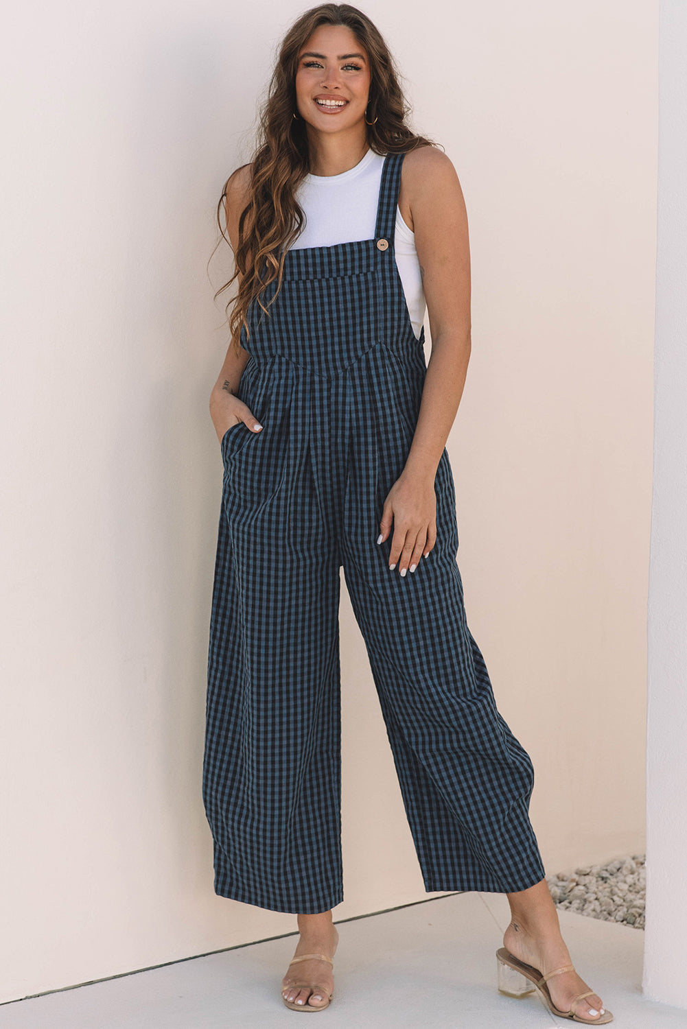 Sail Blue Plaid Print Buttoned Pocketed High Waist Overall - Bottoms/Jumpsuits & Rompers