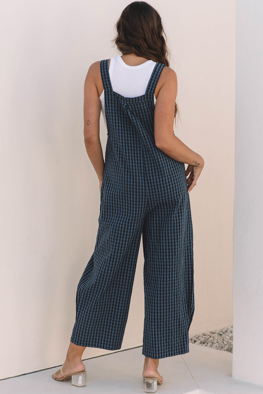 Sail Blue Plaid Print Buttoned Pocketed High Waist Overall - Bottoms/Jumpsuits & Rompers