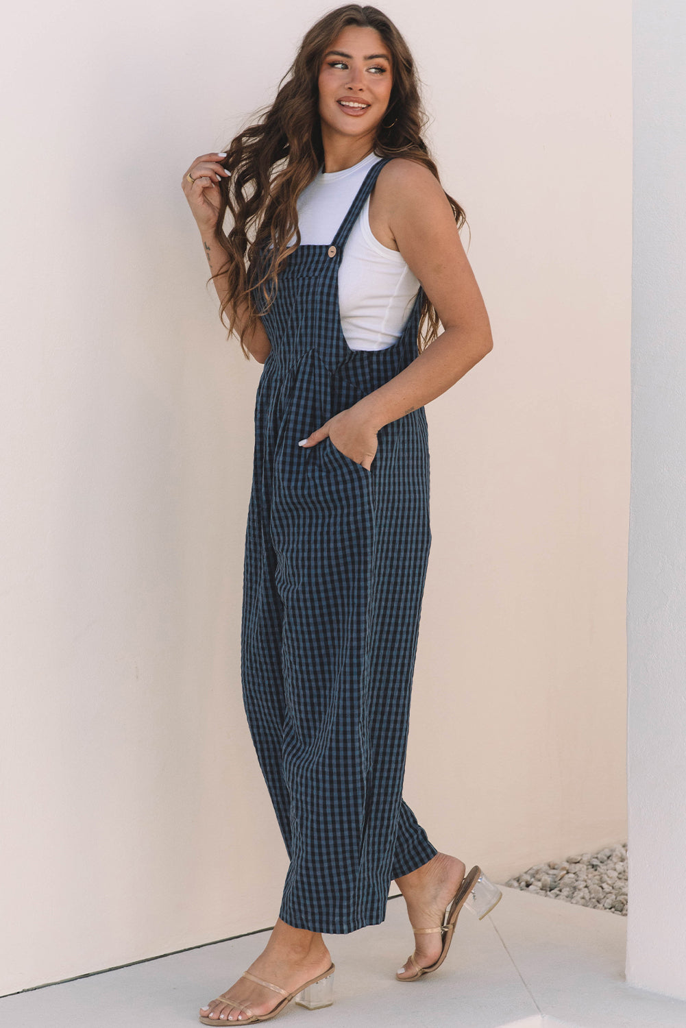 Sail Blue Plaid Print Buttoned Pocketed High Waist Overall - Bottoms/Jumpsuits & Rompers