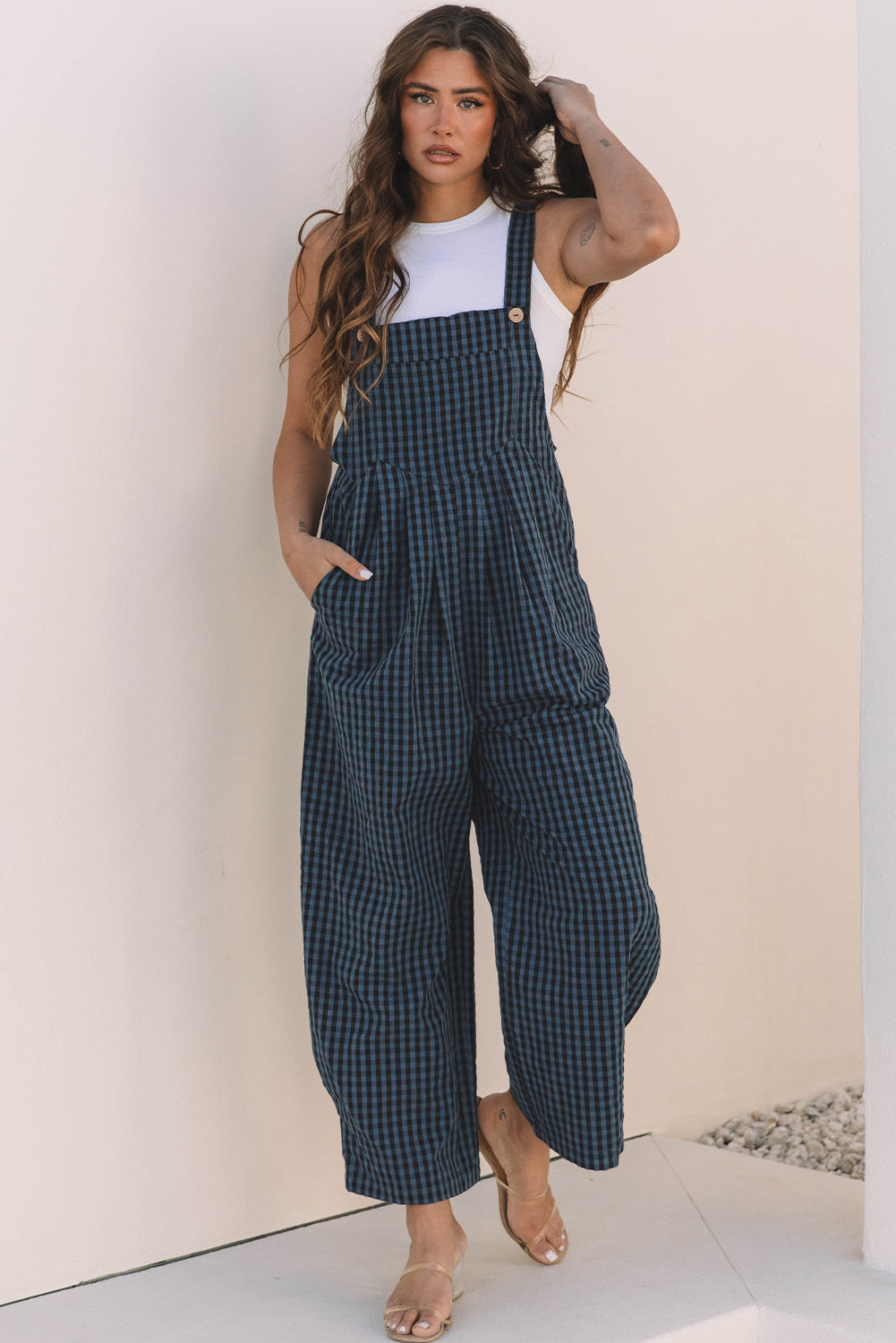 Sail Blue Plaid Print Buttoned Pocketed High Waist Overall - Bottoms/Jumpsuits & Rompers