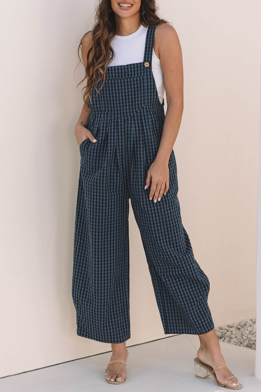 Sail Blue Plaid Print Buttoned Pocketed High Waist Overall - Bottoms/Jumpsuits & Rompers