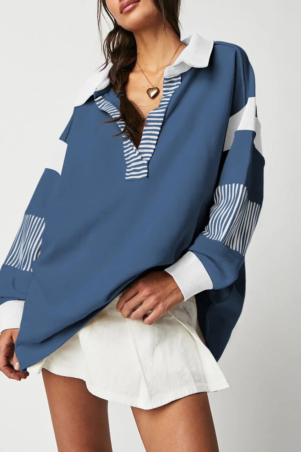 Sail Blue Striped Colorblock Patchwork Collar Sweatshirt - eAura