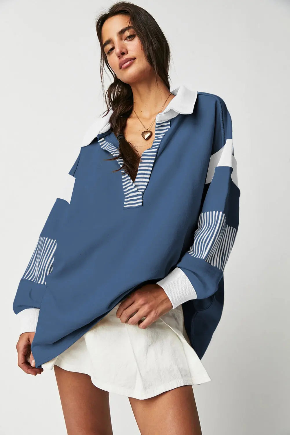 Sail Blue Striped Colorblock Patchwork Collar Sweatshirt - eAura